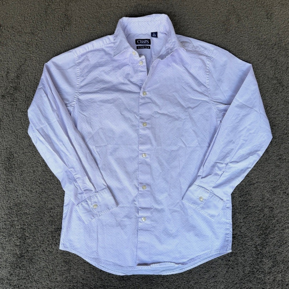 Chaps Boys Large 14-16 Stretch Button Down Shirt White Purple Micro Pattern L